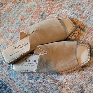 Women's mules.  Light tan suede upper and espadrille type bottom. Size 41